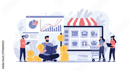 Modern e-commerce illustration showing data driven decisions and happy customers shopping for gifts online today