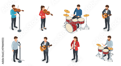 Diverse group of isometric musicians performing with instruments like violin, guitar, drums, and microphone for concert or recording session