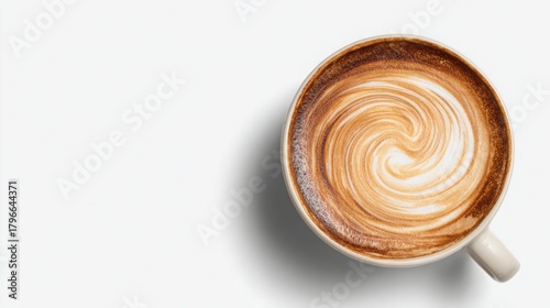 single coffee cup with swirl latte art, close up macro view, isolated on clean white background, subtle shadows, soft natural lighting, minimalistic