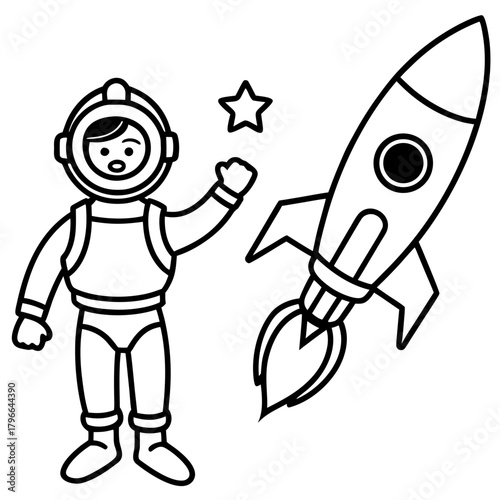 Astronaut reaching for a star next to a rocket ship