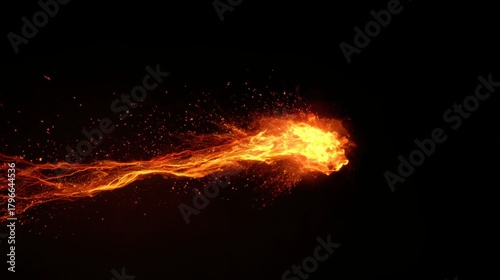 single fire flame in super slow motion, isolated on black background, bright orange and yellow sparks flying, dramatic glowing trails, minimalistic