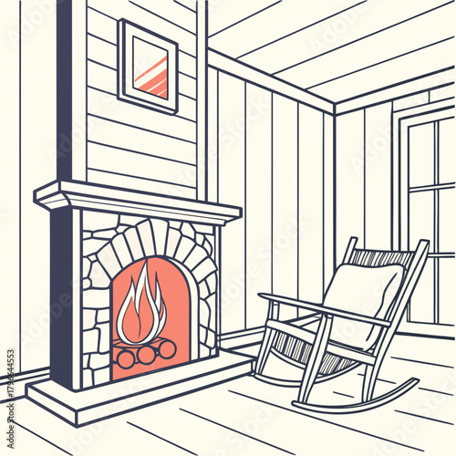Cozy cabin room with rocking chair and fireplace