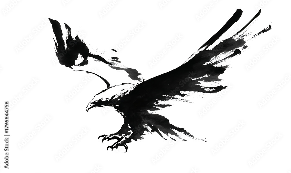 Obraz premium Dynamic oriental ink painting of an eagle in flight with bold gestural movement on clear barckground