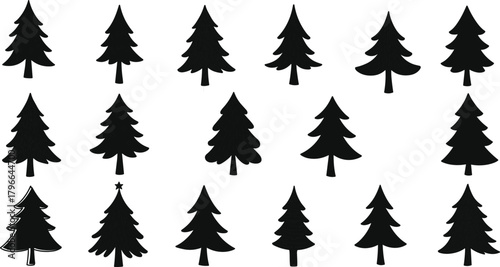 Pine tree silhouette grid, visual puzzle design, black forest icons, Christmas tree variation, nature clipart, winter graphic, vector illustration