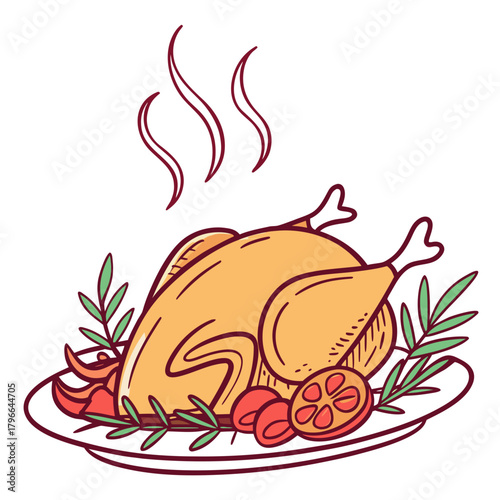 Delicious roasted chicken dinner with garnish on a plate