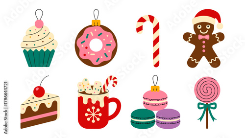Festive Sweets and Treats: A delightful array of festive treats, including cupcake, doughnut, candy cane, gingerbread man, slice of cake, cup, macaron and lollipop.