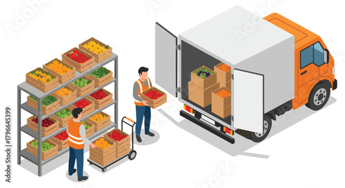 Efficient fruit distribution workers loading fresh produce into delivery truck for fast shipping and reliable grocery supply chain solutions