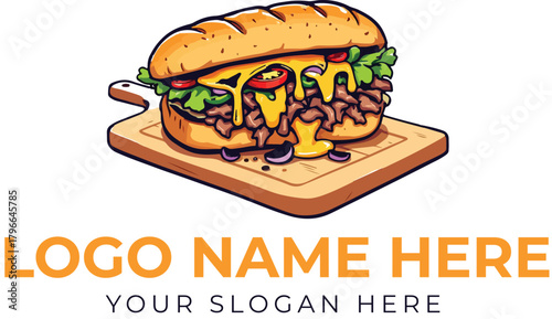 Sandwich logo vector with melted cheese, sliced meat, lettuce, and tomato on wooden cutting board for deli branding