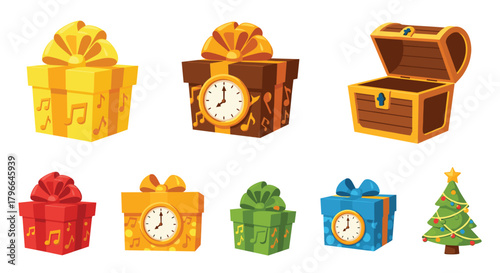 Whimsical cartoon gifts and treasure chest perfect for holiday themed design projects, adding festive cheer to your creative works today!