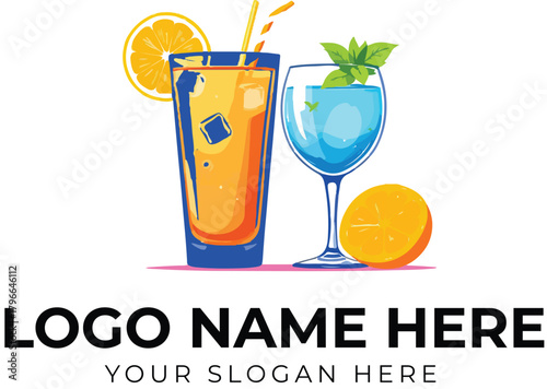 Cocktail and juice logo vector with garnished glasses, lemon slice, mint leaves, and splashes for drink brand identity