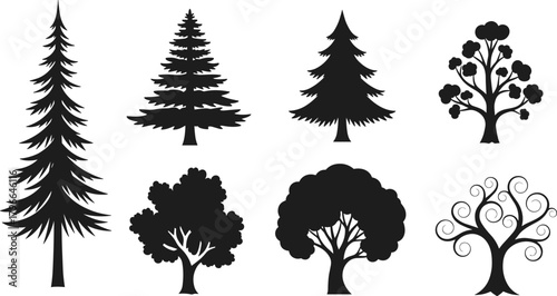 Tree silhouette collection, black tree icons, forest shapes, botanical illustration, nature graphic, conifer and deciduous trees, vector foliage design