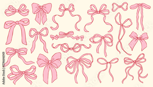 Vector set of pink hand drawn bows in various shapes and styles. Cute decorative ribbon illustrations perfect for whimsical stickers, packaging design, scrapbooking, greeting cards, feminine branding