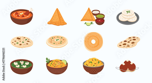 Delicious Indian food delicacies for restaurant menus or food blogs including samosas, curries, breads, rice, and sweets for recipe inspiration