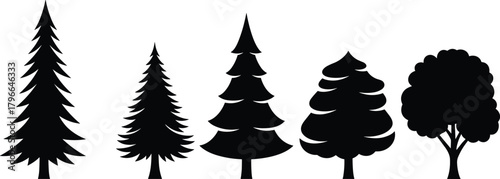 Tree silhouette set, black tree shapes, forest icons, botanical illustration, nature graphic, deciduous and conifer trees, vector tree collection