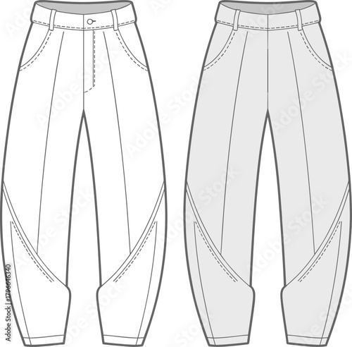 Balloon pants technical flat sketch, front view set, vector illustration with asymmetrical hem, fashion CAD drawing apparel design template.