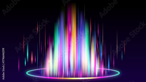 カラフルな光が立ち昇る未来的エフェクトの背景