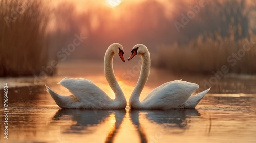 Fototapeta Naklejka Na Ścianę i Meble -  Swan Serenade at Sunset: Two swans form a heart with their necks as they glide across the tranquil water, bathed in the soft hues of a breathtaking sunset, evoking feelings of love and serenity.