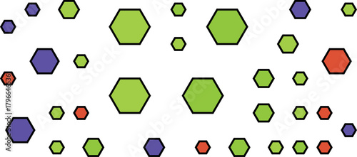 Scattered arrangement of colorful hexagons of varying sizes