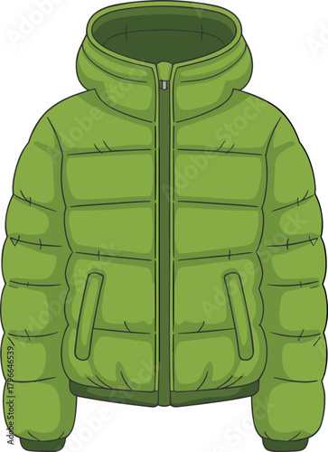 Green hooded puffer jacket vector illustration, isolated winter outerwear icon, cartoon down jacket clipart for fashion or apparel design.