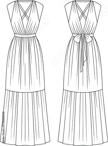 Tiered maxi dress technical flat sketch, front and back view, tie-back bow, fashion apparel, cad drawing flat vector illustration.