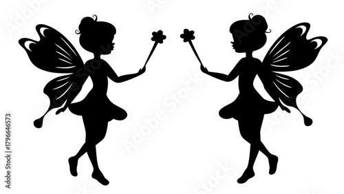 Whimsical fairy silhouette designs with magic wands, perfect for fantasy projects or children's illustrations, adding a touch of enchantment and wonder
