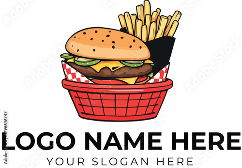 Cheeseburger and fries logo vector in red basket with checkered liner for fast food branding or restaurant identity