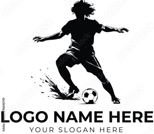 Soccer player logo vector in dynamic kicking pose with ball silhouette for sports branding or athletic identity