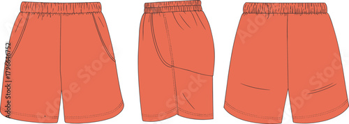 Technical flat sketch set of shorts, front side back view, vector illustration, fashion CAD drawing, loungewear apparel template with pockets.