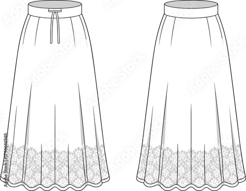 Maxi skirt with lace hem technical flat sketch, front and back view, vector illustration, fashion CAD drawing apparel template.
