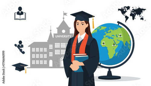 Celebrate graduation with a worldly education, envisioning future success and global impact in a bright future ahead with achievement unlocked