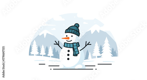 Charming snowman illustration with winter landscape, perfect for holiday cards and seasonal promotions during Christmas and winter events
