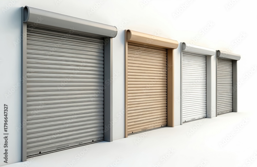 Fototapeta premium Four roll-up garage doors presented against white wall. Doors display variety of neutral colors beige white and grey. They are constructed from metal materials and have modern architectural design.