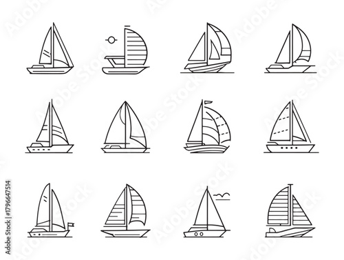 Sailboat with Sail Up line art catching gentle ocean breeze