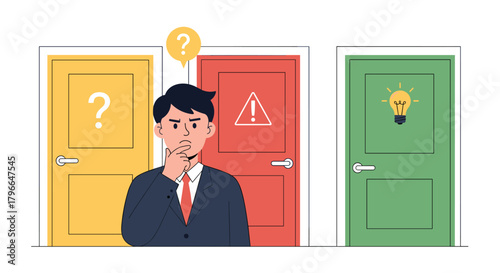 Confused businessman contemplating three doors with question, warning, and idea lightbulb symbols, perfect for decisions and business strategy