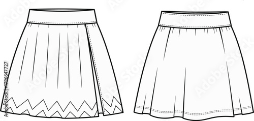 Pleated mini skirt technical flat sketch, front and back view, vector illustration with zigzag hem, apparel template, fashion CAD drawing.