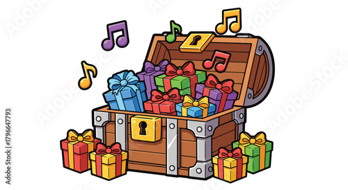A treasure trove of joy with this whimsical treasure chest filled with colorful presents and musical notes for joyful celebrations