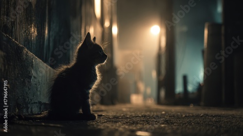 Fototapeta Naklejka Na Ścianę i Meble -  Lost Kitten in the Alleyway: A solitary kitten sits in a dimly lit alleyway. The cat's silhouette is cast against the backdrop of an urban night. The image captures loneliness.