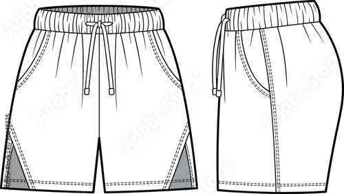 Sportswear shorts technical flat sketch, front and side view, vector illustration with drawstring, fashion apparel, cad drawing flat vector illustration.