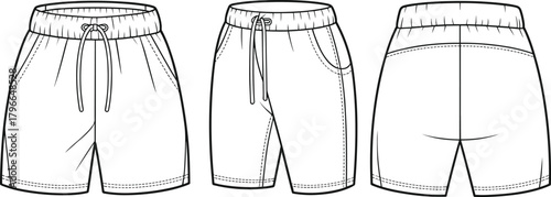 Set of drawstring shorts technical flat sketches, front and back view, vector illustration, fashion CAD drawing, apparel design mockup.