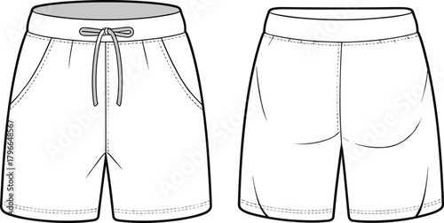 Drawstring shorts technical flat sketch, front and back view, vector illustration of loungewear, fashion CAD drawing apparel design template.