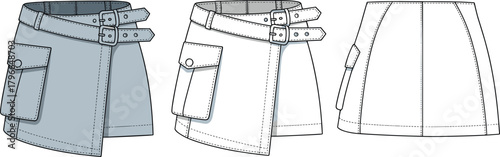 Asymmetrical wrap skirt technical flat sketch, front and back view, vector illustration, fashion CAD drawing with buckle belt and pocket.