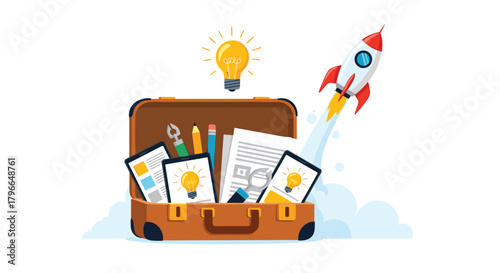 Innovative ideas and tools for business success in a briefcase, launching your projects like a rocket