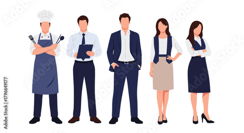 Diverse team of professionals ready for any challenge, a chef, business people, and restaurant workers all together in one place