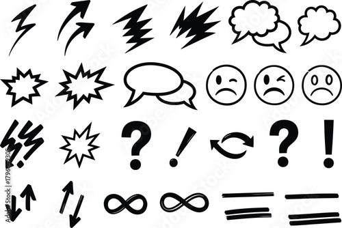 Collection of hand drawn comic book style speech bubbles emotion faces lightning bolts question marks and abstract shapes on a white background