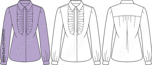 Women's ruffle front blouse technical flat sketch, long sleeve shirt vector illustration, fashion CAD drawing, apparel template front back view.