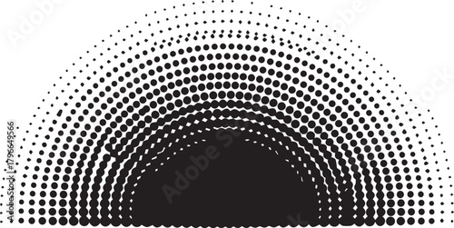 Radial halftone dot pattern gradient texture background graphic isolated on white.