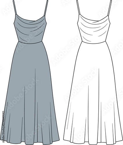 Cowl neck slip dress technical flat sketch, vector illustration of evening gown, fashion CAD drawing template for women's apparel.