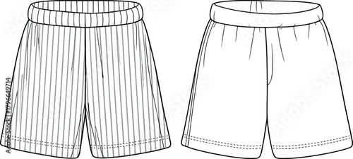 Technical flat sketch set of men's shorts, vector illustration of pajama and loungewear pants, with striped pattern and blank template.