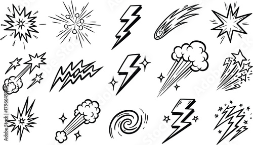 Collection of hand drawn comic book style explosions stars lightning bolts and swirls for action and impact graphics