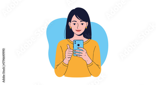 A young woman in a yellow sweater holds a blue smartphone and gives a thumbs up.